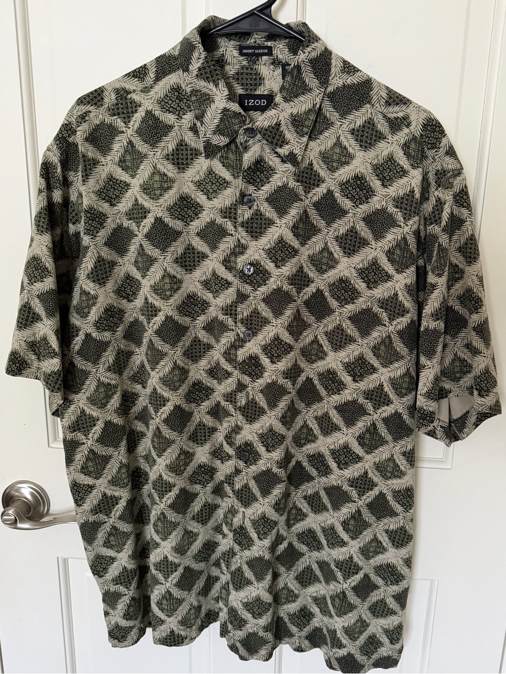 Izod Olive Green and Cream Short-Sleeve Button Shirt